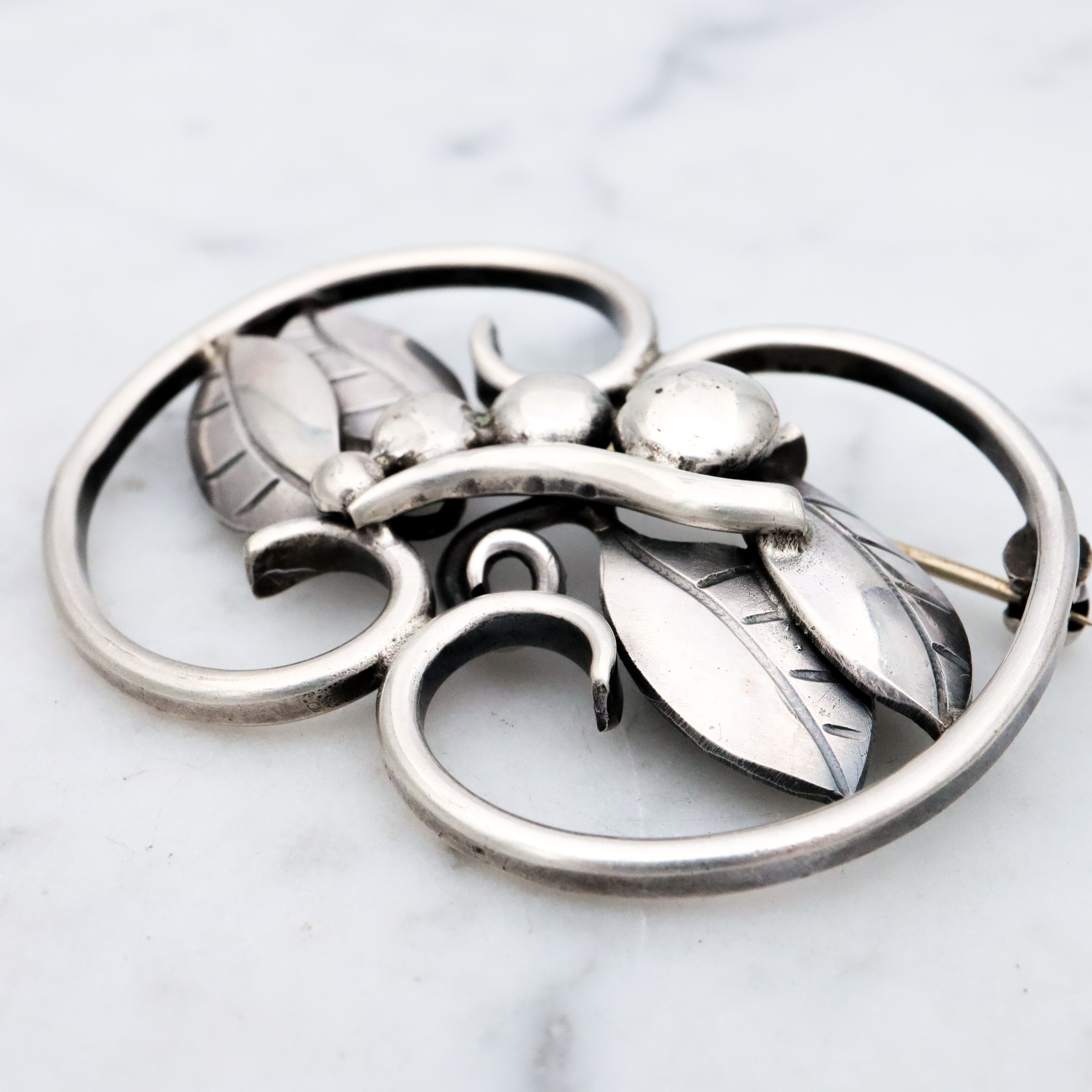 Handmade Mid Century sterling leaves & berries brooch